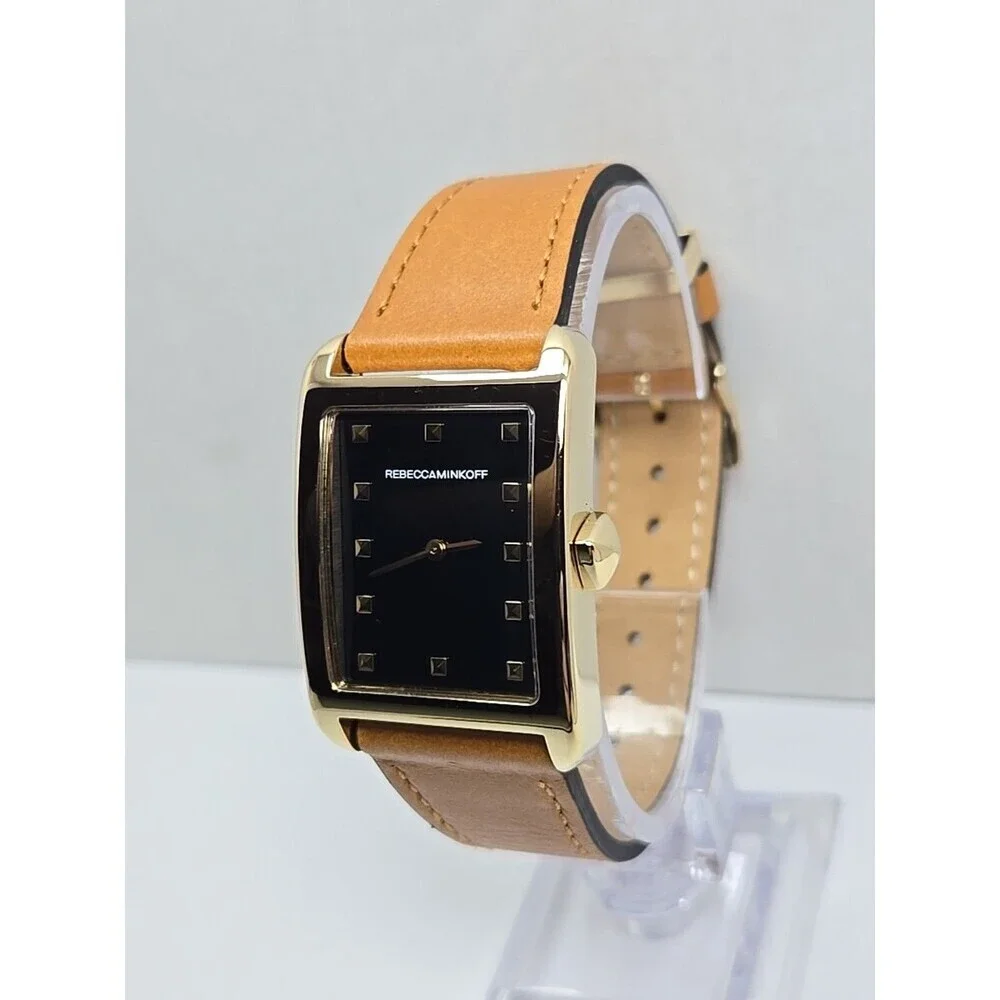Rebecca Minkoff Womens Black Dial Tank Dress Watch New Battery Gold Tone Leather